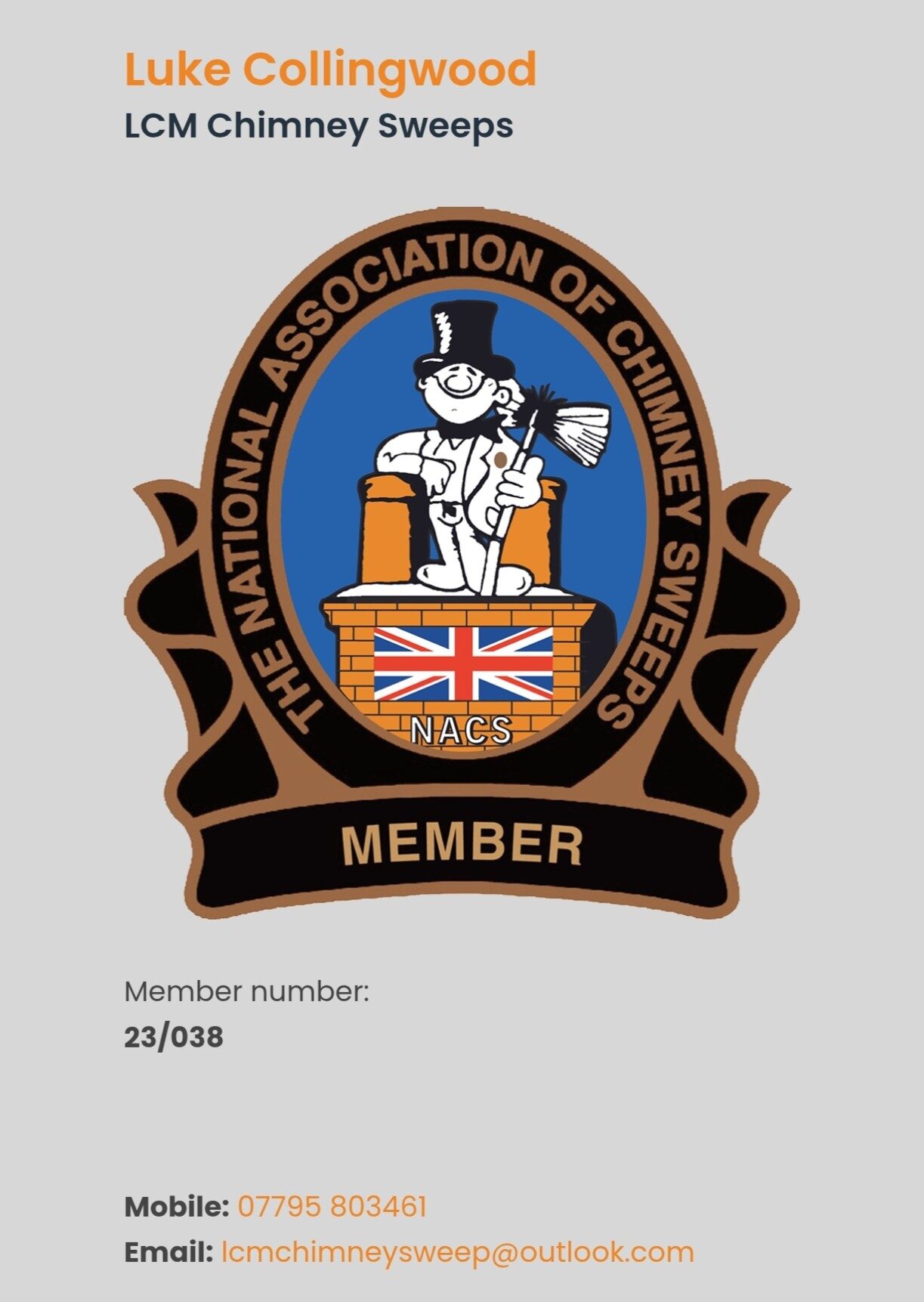 Chimney Sweeping Certificate: What to Keep NACS membership card for Luke Collingwood-Milverton of LCM Chimney Sweep
