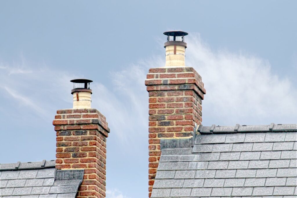 Close-up of traditional brick chimneys on a slate roof, England.